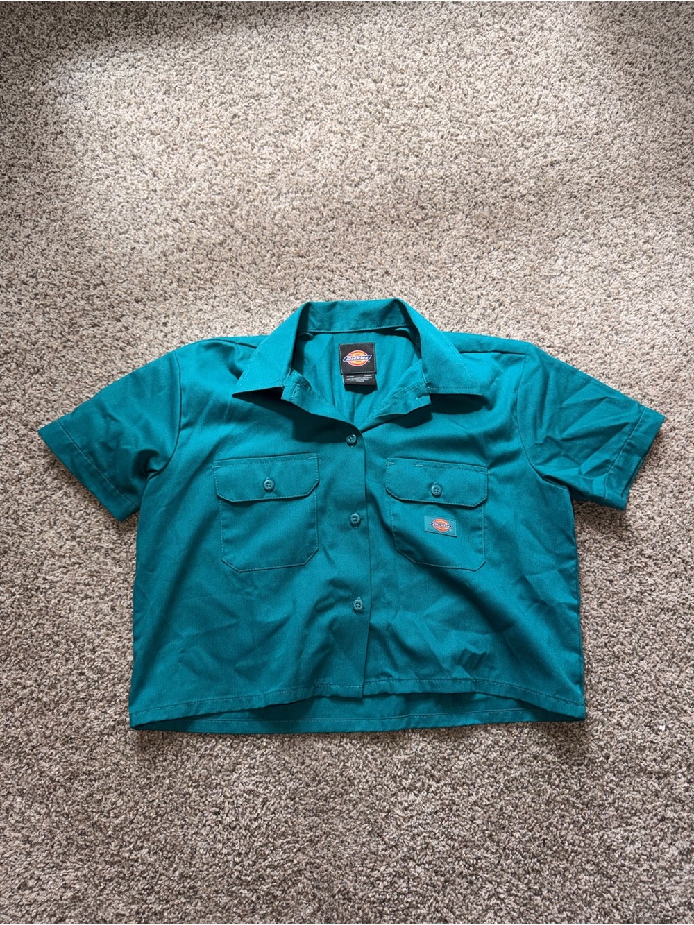 Dickies Woman's Teal Cropped Work Shirt - Short Sleeve
